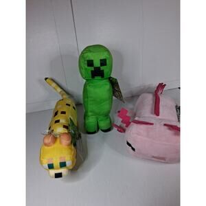 3 Minecraft Mojang Animal Plush Lot - Ocelot Creeper axolotl Plush Mojang
